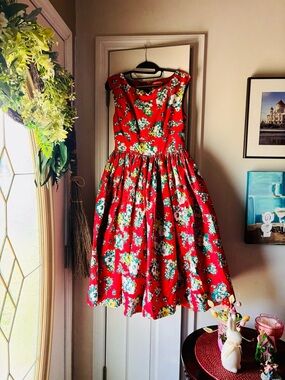 Modcloth Red Floral Dress with Green and Yellow Accents